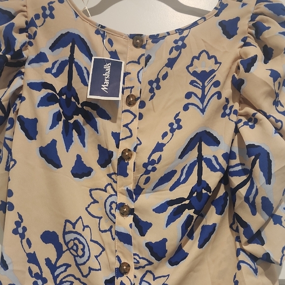 Sienna Sky Blue and Cream Puff Sleeve Blouse - Picture 3 of 4